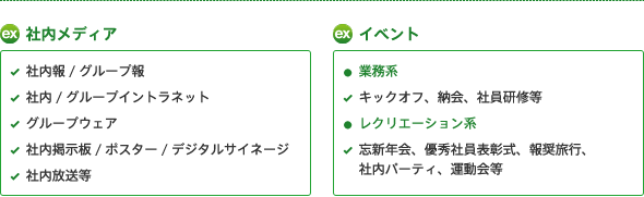 社内メディア
									社内報/グループ報
									社内/グループイントラネット
									グループウェア
									社内掲示板/ポスター/デジタルサイネージ
									社内放送等…

									イベント
									業務系
									キックオフ、納会、社員研修等…
									レクリエーション系
									忘新年会、優秀社員表彰式、報奨旅行、社内パーティ、運動会等…