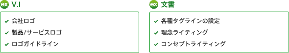 V.I
										・会社ロゴ
										・製品/サービスロゴ
										・ロゴガイドライン

										文書
										・各種タグラインの設定
										・理念ライティング
										・コンセプトライティング