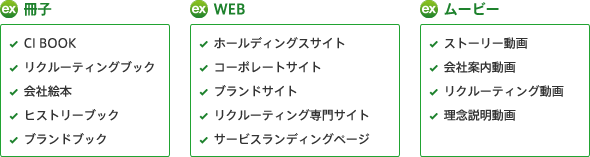 冊子
										・CI BOOK
										・リクルーティングブック
										・会社絵本
										・ヒストリーブック
										・ブランドブック

										WEB
										・ホールディングスサイト
										・コーポレートサイト
										・ブランドサイト
										・リクルーティング専門サイト
										・サービスランディングページ

										ムービー
										・ストーリー動画
										・会社案内動画
										・リクルーティング動画
										・理念説明動画